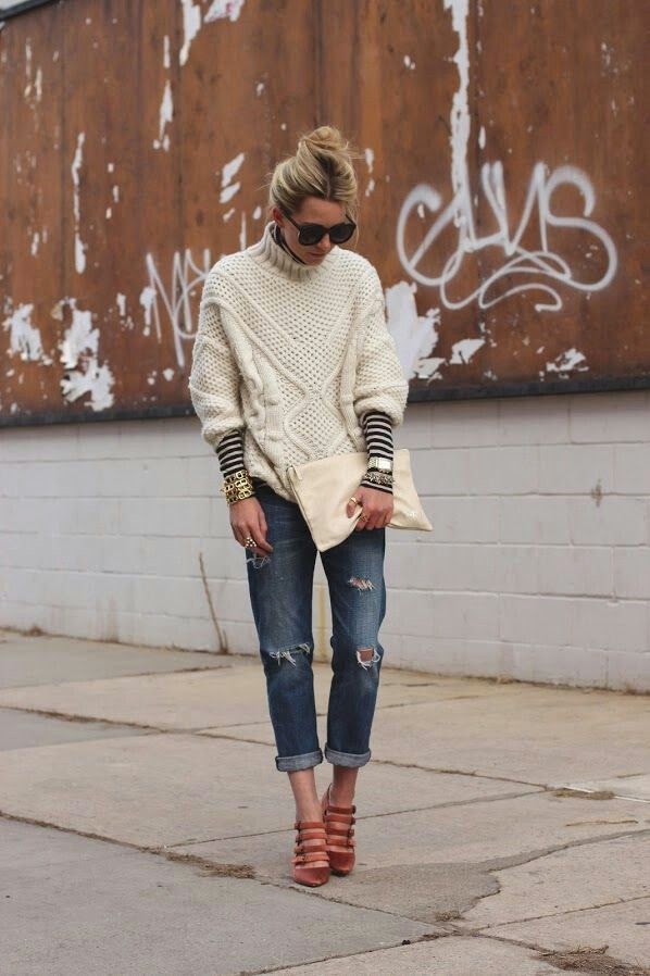 chunky sweater and boyfriend jeans