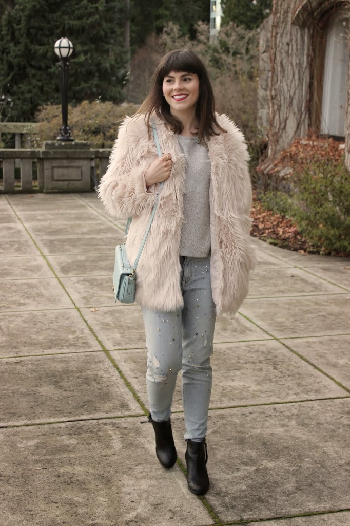 pink faux fur coat 