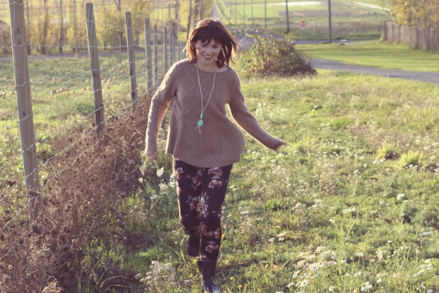 Lord and Taylor Cashmere sweater, Dex Floral leggings, Charming Charlie Necklace