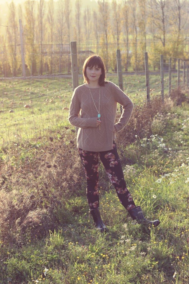 Lord and Taylor Cashmere sweater, Dex Floral leggings, Charming Charlie Necklace