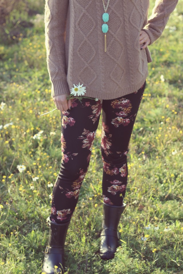 Lord and Taylor Cashmere sweater, Dex Floral leggings, Charming Charlie Necklace