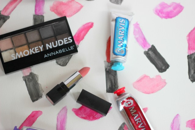 Mavis Toothpaste, Claudalie, Annabelle Smokey nudes, Macelle pink nude lipstick, living proof dry shampoo
