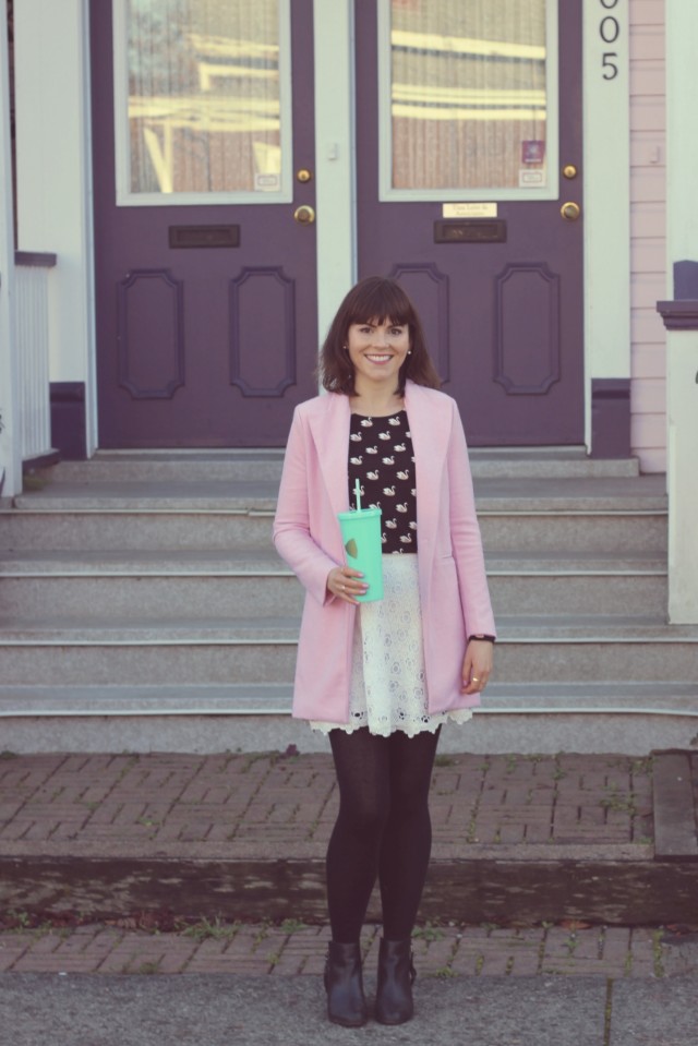 H&M pink swan shirt, pink coat, Club Monaco white lace skirt, Frilly Lilly Nails