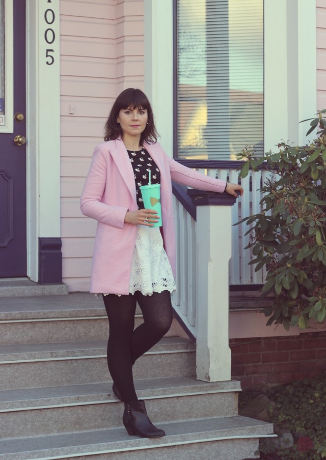 H&M pink swan shirt, pink coat, Club Monaco white lace skirt, Frilly Lilly Nails