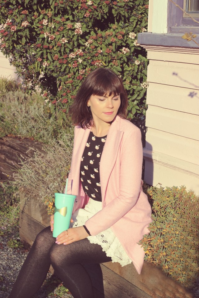 H&M pink swan shirt, pink coat, Club Monaco white lace skirt, Frilly Lilly Nails