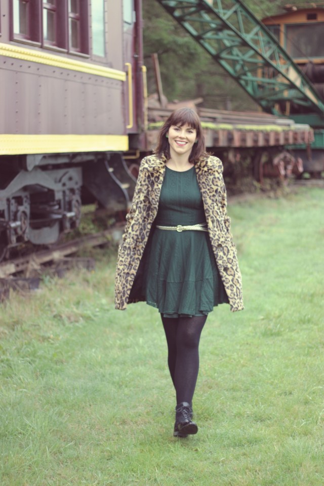 ASOS leopard print coat, H&M green dress, Charming Charlie gold belt