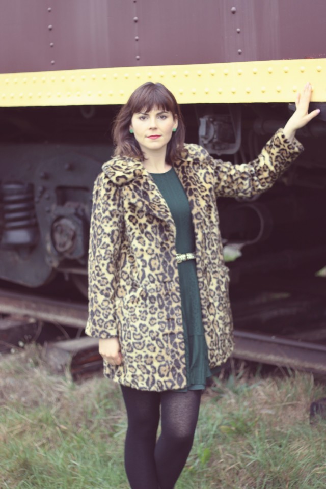 ASOS leopard print coat, H&M green dress, Charming Charlie gold belt