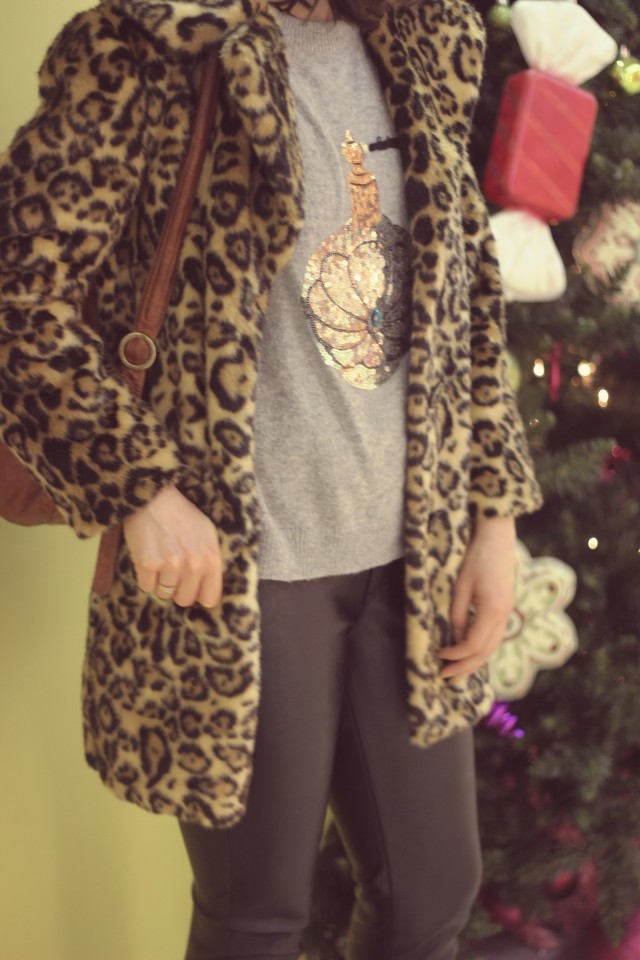 High rise Skinny leather yoga jeans, ASOS leopard coat, H&M perfume sequinned sweater, 