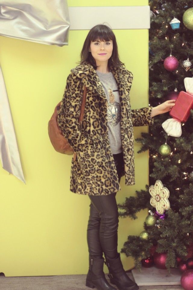 High rise Skinny leather yoga jeans, ASOS leopard coat, H&M perfume sequinned sweater, 
