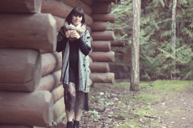 Rustic Log Cabin, Marshall's Aztec Cardigan, California Moonrise Black knit dress with lace hem, Tigh-Na-Mara