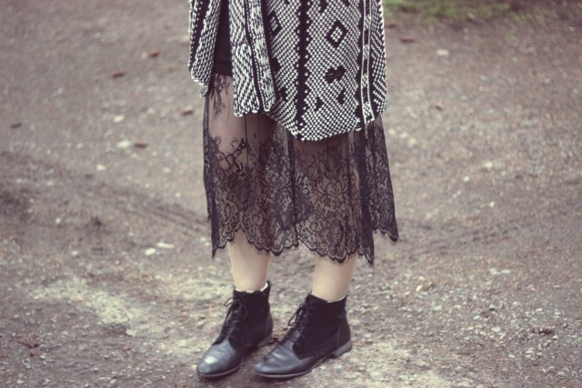 Rustic Log Cabin, Marshall's Aztec Cardigan, California Moonrise Black knit dress with lace hem, Tigh-Na-Mara