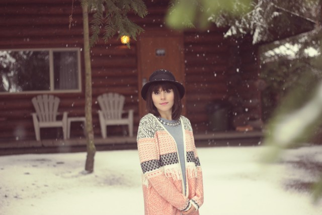 Tigh-Na-Mara Seaside Spa Resort, PArksville, Vancouver Island, Pacific North West, Canada, Rustic Log Cabin, Log Cabin in the Snow, Marshall's Cozy Aztec Cardigan, Ivanka Trump Sweater, AEO Distressed Jeans, Tilley Vintage Cloche Hat, Hush Puppies, Forest, 