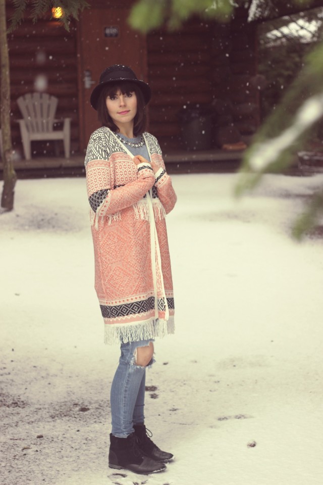 Tigh-Na-Mara Seaside Spa Resort, PArksville, Vancouver Island, Pacific North West, Canada, Rustic Log Cabin, Log Cabin in the Snow, Marshall's Cozy Aztec Cardigan, Ivanka Trump Sweater, AEO Distressed Jeans, Tilley Vintage Cloche Hat, Hush Puppies, Forest, 