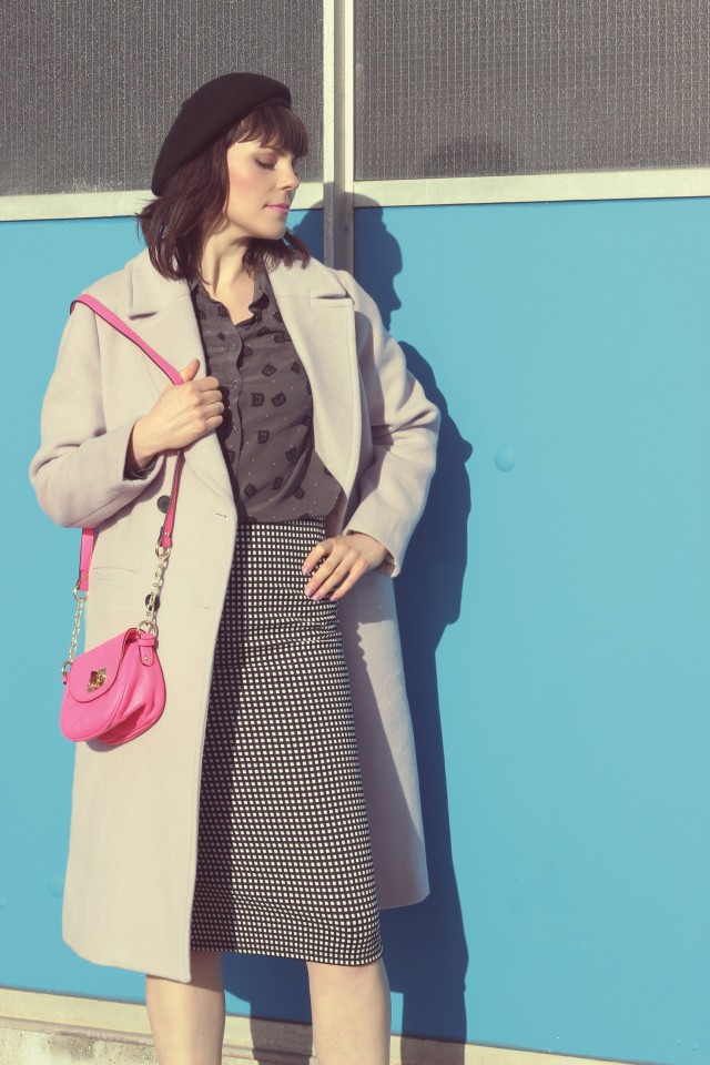 Chic wish pastel purple coat, Joe Fresh Cat printed silk top, Old Navy gingham pencil skirt, black beret, Pink Target bag, Spring fashion, vintage fashion, fashion blogger