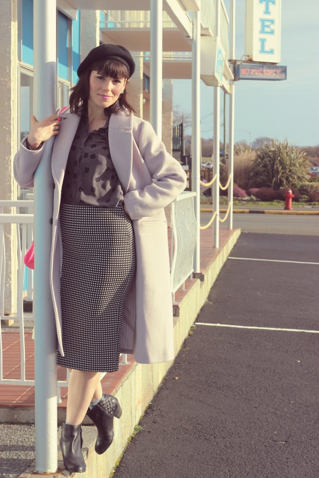 Chic wish pastel purple coat, Joe Fresh Cat printed silk top, Old Navy gingham pencil skirt, black beret, Pink Target bag, Spring fashion, vintage fashion, fashion blogger