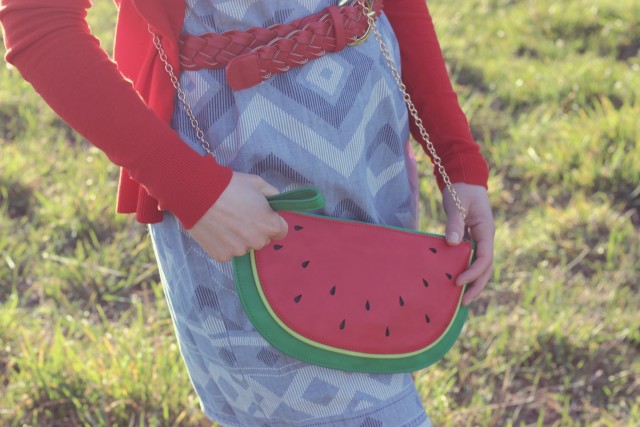 Watermelon Bag, Old Navy Chambray Dress, Charming Charlie Red Belt, Target Red Cardigan, Stella and dot Red Necklace, Seychelles Red Shoes, Fashion Blogger, Vintage Fashion, Spring Fashion 