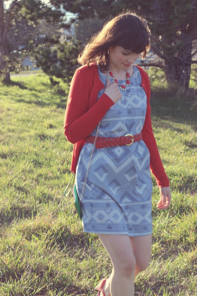 Watermelon Bag, Old Navy Chambray Dress, Charming Charlie Red Belt, Target Red Cardigan, Stella and dot Red Necklace, Seychelles Red Shoes, Fashion Blogger, Vintage Fashion, Spring Fashion 