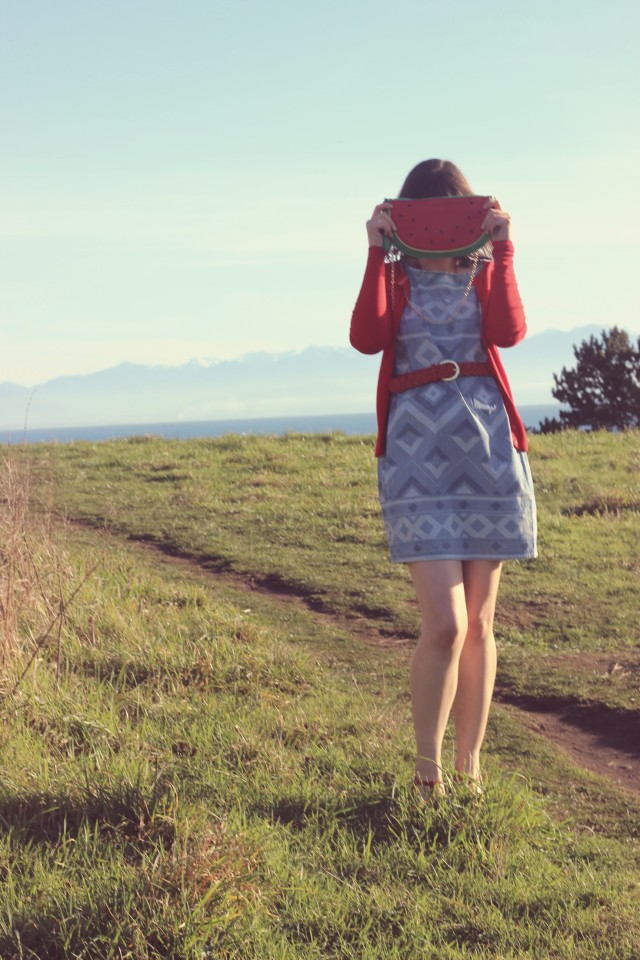 Watermelon Bag, Old Navy Chambray Dress, Charming Charlie Red Belt, Target Red Cardigan, Stella and dot Red Necklace, Seychelles Red Shoes, Fashion Blogger, Vintage Fashion, Spring Fashion