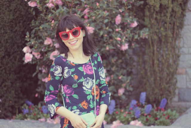 Ami Club Wear, Floral Spring Dress, Red Cat eye sunglasses, vintage fashion, spring fashion, fashion blogger