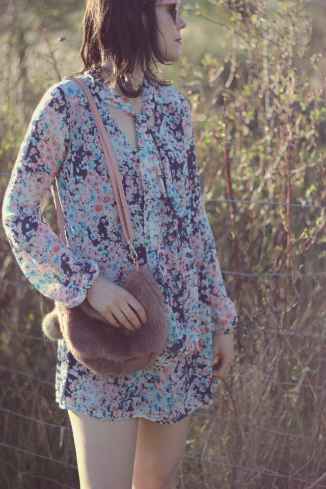 Design Lab Floral Shift dress, Lord and Taylor, Mar by Marc Jacobs Pink Cat eye Sunglasses, Red espadrilles , AMI Club Wear Faux Fur Bag 