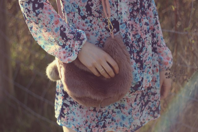 Design Lab Floral Shift dress, Lord and Taylor, Mar by Marc Jacobs Pink Cat eye Sunglasses, Red espadrilles , AMI Club Wear Faux Fur Bag 