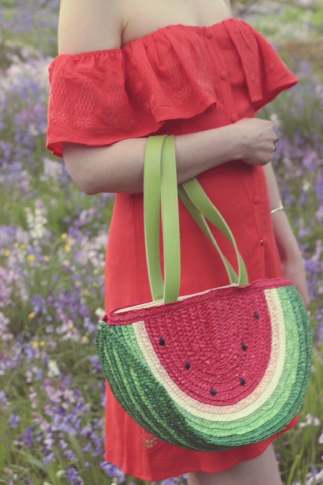 Design Lab, Lord and Taylor, Mod Cloth, Cents of Style, Watermelon Straw Bag, Watermelon bracelet, Spring Fashion, Fashion blogger, Red off the shoulder dress