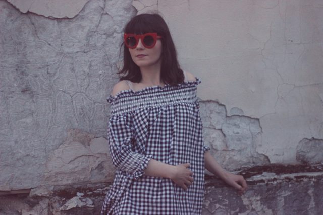 Chic Wish, Old Navy, AMI Club Wear, Gingham off the shoulder blouse, vintage fashion, fashion blogger, spring fashion, tuxedo cat 