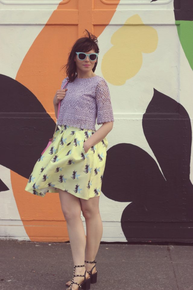 Chic Wish, Yellow Bunny Skirt, Purple Crochet Crop Top, Fashion Blogger, Kate Spade New York