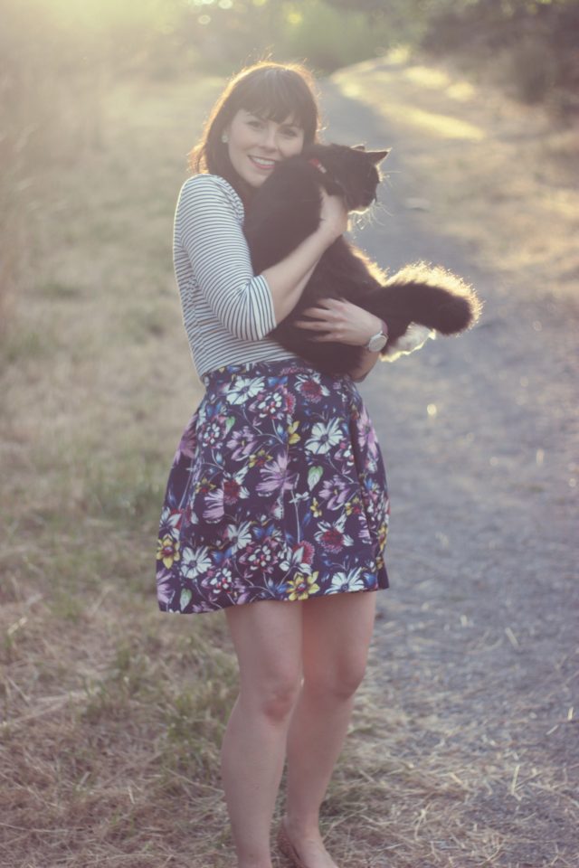 Highland Collective, Charming Charlie, Tuxedo Cat, Vintage fashion blogger. floral skirt, Striped shirt, how to mix prints, Lord and Taylor, Hudson's Bay