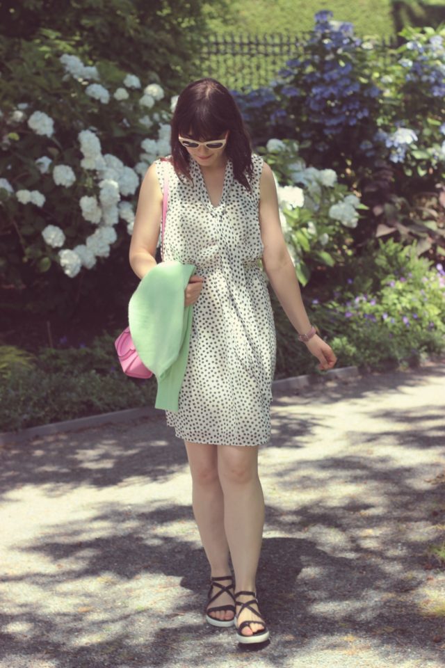 Betsey Johnson Polka-Dot Tie-Neck Sheath Dress, Kate Spade New York Hayden Mini, Marc by Marc Jacobs Pink Cat eye sunglasses, vintage fashion, fashion blogger