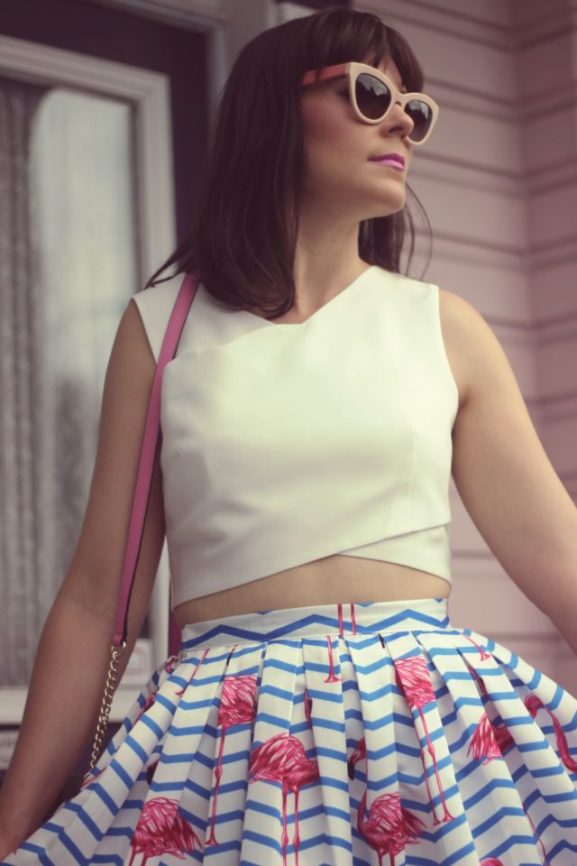 Chic Wish, Flamingo Skirt, midi skirt, crop top, summer fashion, street style, vintage fashion, fashion blogger, Kate Spade New york, pink