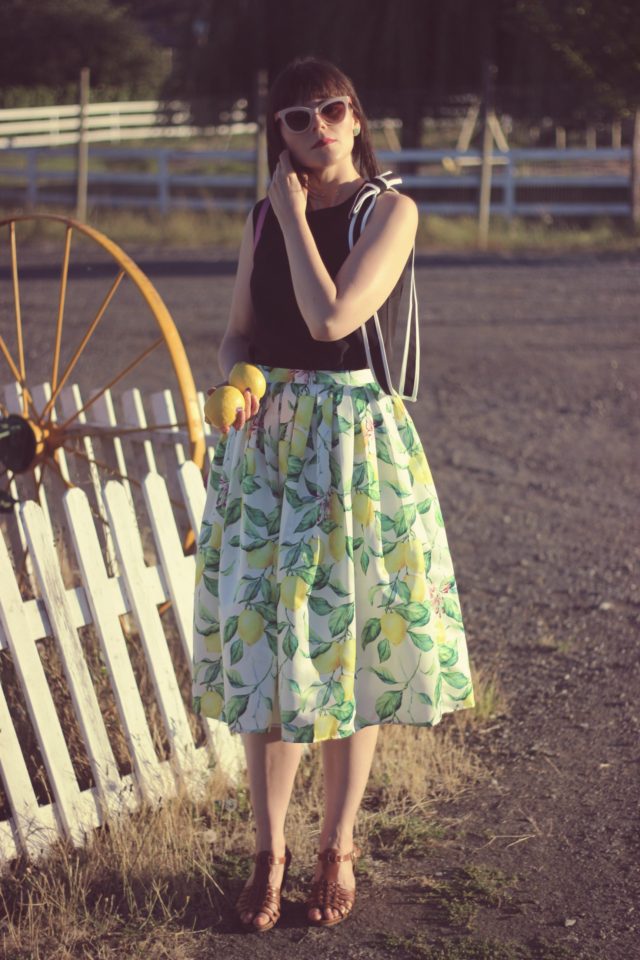 Chic Wish Lemon Tree Printed Midi Skirt, chic Wish Bonjour Bowknot Sleeveless Top in Black, cedar street small hayden vintage fashion, summer,