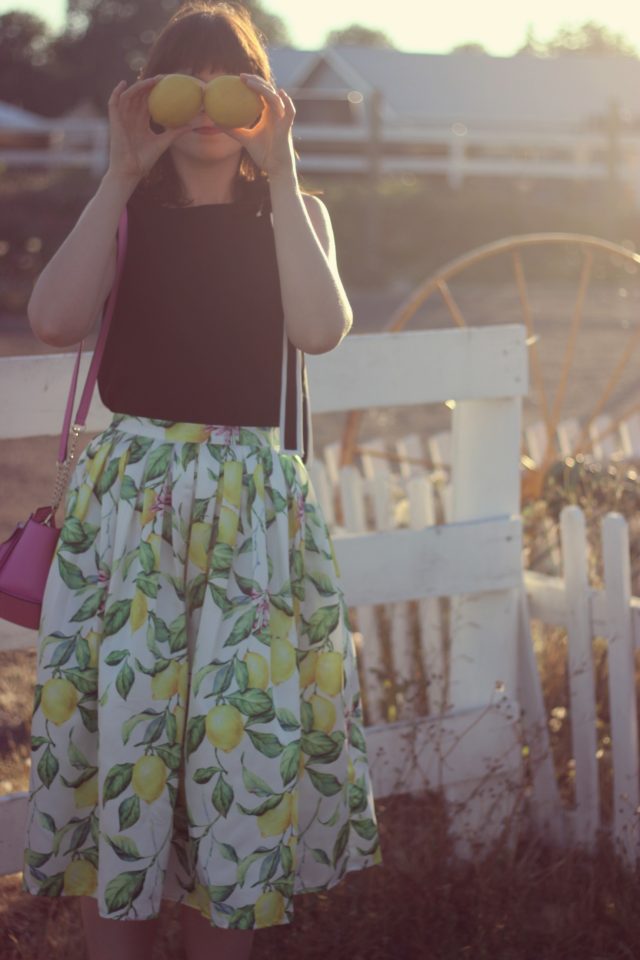 Chic Wish Lemon Tree Printed Midi Skirt, chic Wish Bonjour Bowknot Sleeveless Top in Black, cedar street small hayden vintage fashion, summer,