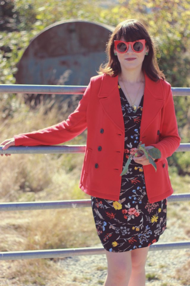 Old Navy, Fall Fashion, Floral dress, Red Pea coat, Fashion Blogger, Vintage, Style
