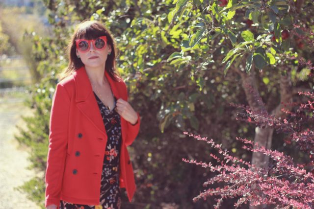 Old Navy, Fall Fashion, Floral dress, Red Pea coat, Fashion Blogger, Vintage, Style