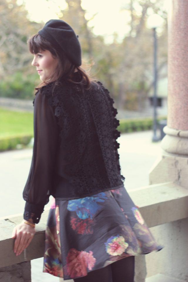Fence of Romance Crochet Chiffon Top in Black, Floral Skirt, Chic Wish, Holiday fashion, outfit idea, blogger, style, vintage, holiday, fashion, beret, french, style,