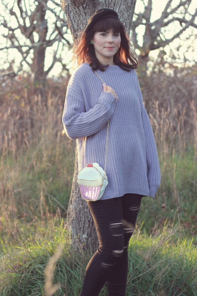 Chic Wish, Old Navy, purple sweater, cable knit, black jeans, distressed jeans, beret, cup cake, vintage, fall fashion,