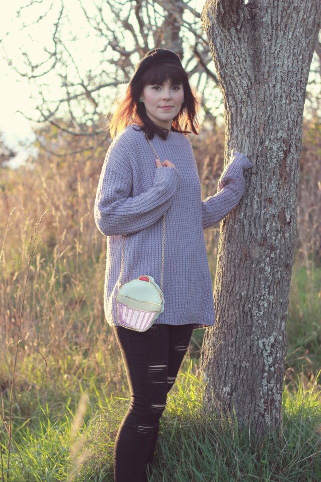 Chic Wish, Old Navy, purple sweater, cable knit, black jeans, distressed jeans, beret, cup cake, vintage, fall fashion,