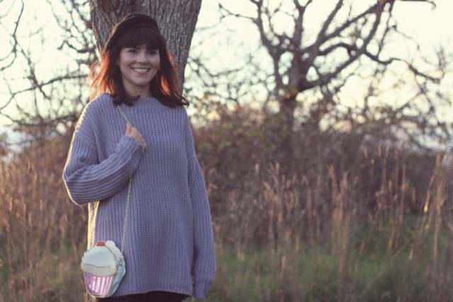 Chic Wish, Old Navy, purple sweater, cable knit, black jeans, distressed jeans, beret, cup cake, vintage, fall fashion,