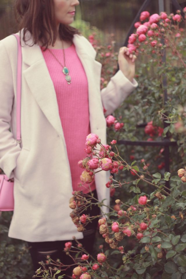 Old Navy, Pink Sweater, pastel pink Coat, Wool Coat, Fall Fashion, Kate Spade New york, Happiness Boutique , black distressed skinny jeans