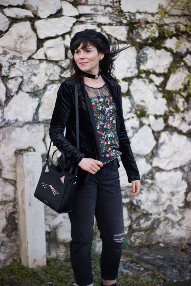 Vera Moda, Halston, Calvin Klein, Crushed velvet, floral, lace, distressed jeans, boyfriend jeans, beret, Kate Spade