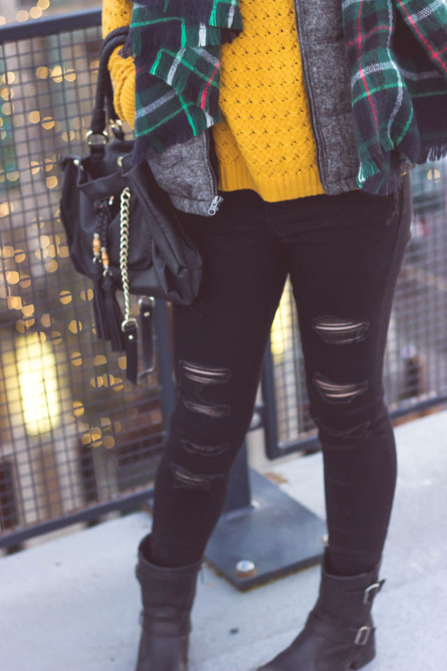 Old Navy, Winter Fashion, Cold Weather Accessories, Distressed Rock Star Jeans, Tweed puffer vest, Plaid Scarf, Mustard sweater, Vintage, style, fashion blogger, street style, street fashion