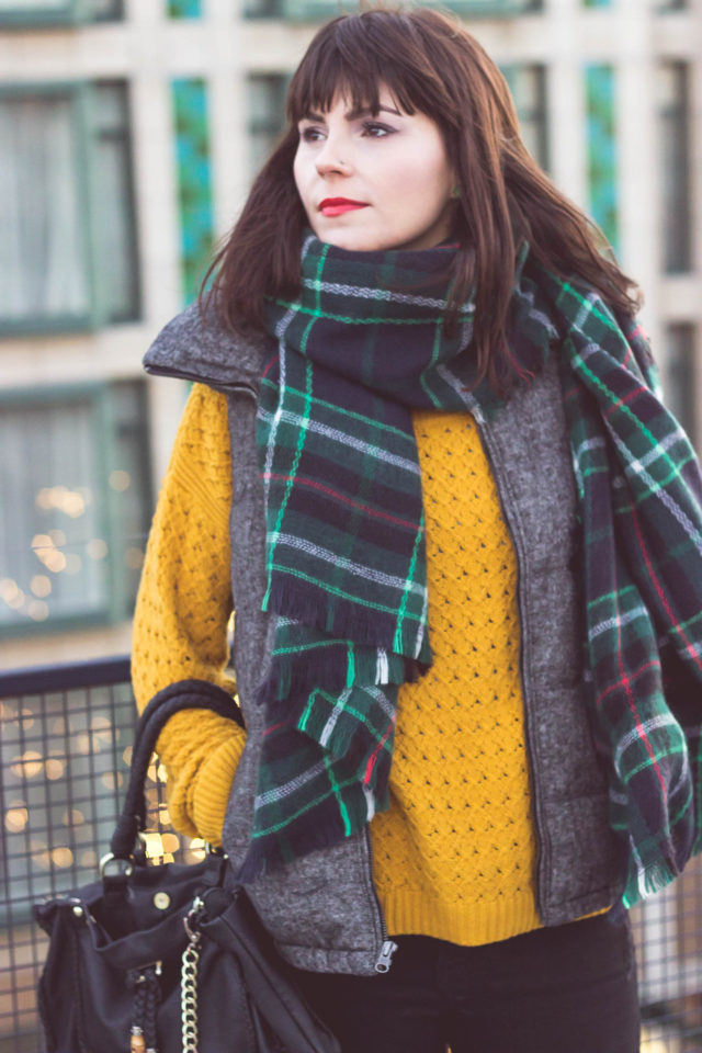 Old Navy, Winter Fashion, Cold Weather Accessories, Distressed Rock Star Jeans, Tweed puffer vest, Plaid Scarf, Mustard sweater, Vintage, style, fashion blogger, street style, street fashion