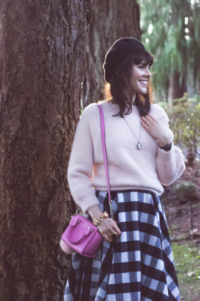 Classic Black Check Wool-blend A-line Skirt, Warm Afternoon Off-shoulder Sweater in Pink, Chic Wish, Beret, Gingham, Kate Spade New York, Vintage, style, fashion blogger, retro, fashion, woman, outfit, idea