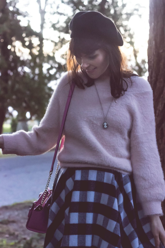 Classic Black Check Wool-blend A-line Skirt, Warm Afternoon Off-shoulder Sweater in Pink, Chic Wish, Beret, Gingham, Kate Spade New York, Vintage, style, fashion blogger, retro, fashion, woman, outfit, idea