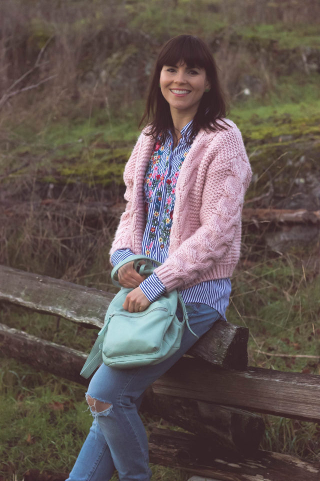 Floral Lullaby Embroidered Shirt in Blue Stripes, Sun Daze Cable Knit Cardigan in Pink, Leather BAGGU backpack, Chic Wish, Vintage, bohemian fashion, fashion blogger, style, outfit,