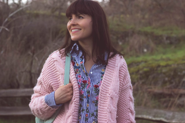 Floral Lullaby Embroidered Shirt in Blue Stripes, Sun Daze Cable Knit Cardigan in Pink, Leather BAGGU backpack, Chic Wish, Vintage, bohemian fashion, fashion blogger, style, outfit,