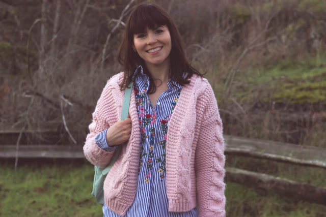 Floral Lullaby Embroidered Shirt in Blue Stripes, Sun Daze Cable Knit Cardigan in Pink, Leather BAGGU backpack, Chic Wish, Vintage, bohemian fashion, fashion blogger, style, outfit,