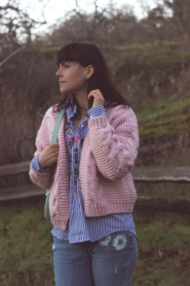 Floral Lullaby Embroidered Shirt in Blue Stripes, Sun Daze Cable Knit Cardigan in Pink, Leather BAGGU backpack, Chic Wish, Vintage, bohemian fashion, fashion blogger, style, outfit,