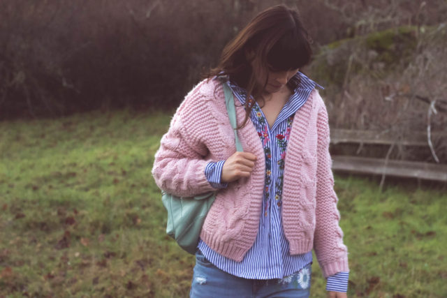 Floral Lullaby Embroidered Shirt in Blue Stripes, Sun Daze Cable Knit Cardigan in Pink, Leather BAGGU backpack, Chic Wish, Vintage, bohemian fashion, fashion blogger, style, outfit,